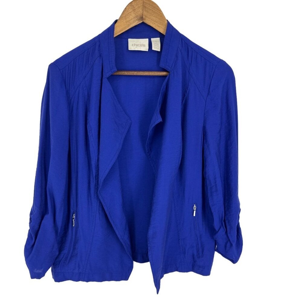 Chico's Open Front 3/4 Ruched Sleeves Zip Pockets Jacket Size 1 US M